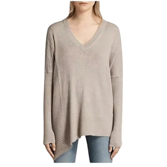 All Saints taupe Keld Olivo oversized V-neck asymmetrical sweater size L - Picture 1 of 14